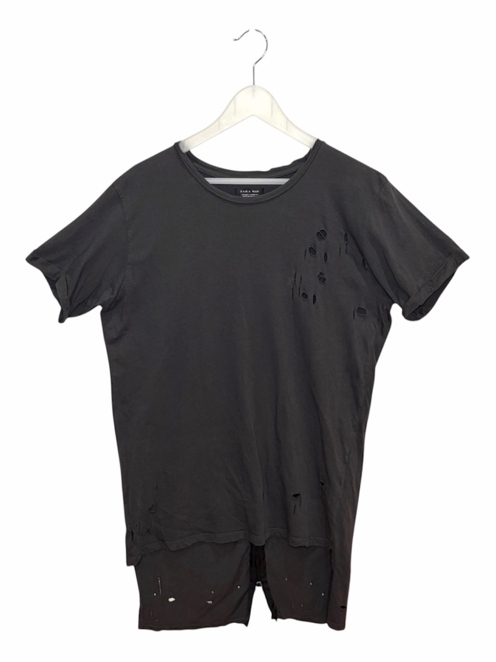 Zara Man Distressed Back Zip T Shirt Men’s Medium Black Grunge High Low